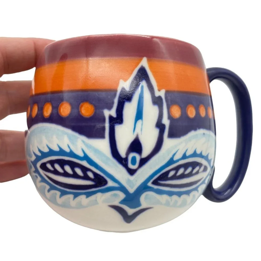 Anthropologie boho feather‎ owl coffee mug cup 10oz ceramic potbelly